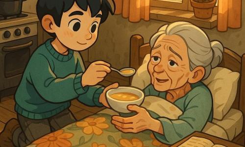 A 10-year-old boy with a round face, wide eyes and messy black hair, wearing an oversized sweater and worn trousers, gently feeds an elderly woman soup with a small spoon; the roughly 75-year-old woman, wrinkled with gray hair in a loose bun and eyes moist but relieved, lies under a floral blanket on a wooden bed reaching for him; an open leather notebook and scattered coins hint at a past, and the modest room—creaking wooden floor, golden morning light through faded curtains, peeling paint and a pot of withered plants on the sill—frames a warm, intimate scene of care with a warm color palette and tactile textures.