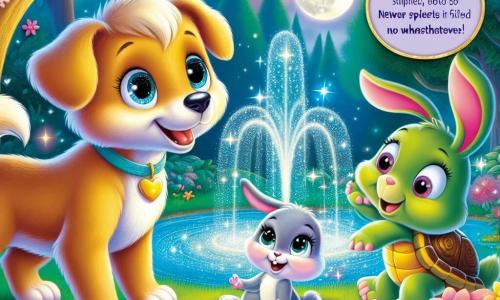 Um cachorro chamado Tico, com pelagem dourada brilhante e olhos curiosos, está à beira de uma fonte mágica iluminada pela lua, exibindo uma expressão de maravilha e alegria. Ao seu lado, uma coelhinha chamada Lili, com orelhas longas e olhos travessos, salta de alegria, enquanto uma tartaruga sábia chamada Tutu, com uma carapaça colorida e um sorriso bondoso, os observa com orgulho. O local é uma floresta encantada, onde as árvores dançam suavemente ao vento, e flores coloridas florescem ao redor da fonte cintilante, banhada por uma luz prateada. A cena principal mostra Tico e seus amigos reunidos ao redor da fonte mágica, fazendo um desejo juntos para que sua floresta esteja sempre cheia de alegria e aventuras.
