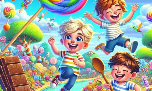 Pe o insulă magică plină de dulciuri, trei băieți sunt într-o aventură. Radu, un băiat de 10 ani cu părul blond și un zâmbet jucăuș, sare fericit lângă un copac în formă de bomboană. Lângă el, Andrei, un băiat de 9 ani cu ochelari rotunzi și părul brun, râde în hohote ținând o bară mare de ciocolată. În cele din urmă, Bogdan, un băiat de 11 ani în scaun cu rotile, are părul castaniu și poartă un tricou cu dungi colorate; el zâmbește ținând o lingură mare de lemn, pregătit să guste ciocolata care curge dintr-un pârâu din apropiere. Insula este un adevărat paradis dulce, cu copaci din dulciuri colorate, flori din marshmallow și un pârâu de ciocolată care strălucește sub soare. Norii în formă de vată de zahăr plutesc pe cerul albastru, în timp ce păsările din zahăr cântă melodii vesele. Băieții râd și se joacă împreună, încercând să facă un dragon uriaș cu solzi strălucitori, așezat pe un morman de aur, să râdă, povestindu-i glume amuzante. Dragonul, cu un zâmbet larg, este pe cale să izbucnească în râs, creând o atmosferă de bucurie și prietenie.