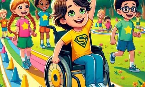 Um garoto de 10 anos, Luca, está sentado em sua cadeira de rodas, com um grande sorriso no rosto. Ele tem cabelos castanhos bagunçados, olhos brilhantes de alegria e usa uma camiseta amarela vibrante com um logo de super-herói. Ele manobra habilidosamente sua cadeira por um percurso de obstáculos colorido, cercado de cones e balões. Ao lado dele, uma menina de 9 anos, Ana, está de pé, com os braços levantados em sinal de incentivo. Ela tem longos cabelos loiros trançados e usa uma camiseta rosa com estrelas. Ela sorri amplamente, compartilhando a empolgação de Luca. Outro garoto, Pedro, de 10 anos, corre ao lado de Luca, com cabelos negros e óculos. Ele usa um short azul e uma camiseta verde. Ele olha para Luca com admiração, pronto para incentivá-lo. A cena acontece em um parque ensolarado, cheio de árvores verdes e flores coloridas. Risadas de crianças ecoam ao redor deles, e balões flutuam no céu azul. Luca participa de uma corrida de obstáculos adaptada, mostrando sua determinação e alegria de viver, provando que a amizade e o apoio podem superar todos os desafios.