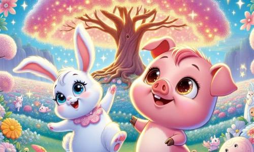 Un piccolo maialino di nome Pigrillo, con un pelo rosa brillante e occhi pieni di curiosità, si trova al centro della scena, sorridendo entusiasta mentre guarda intorno a sé. Accanto a lui, la sua migliore amica, Clara la coniglietta, un'adorabile coniglia dalle grandi orecchie e pelo bianco, salta gioiosamente, i suoi occhi brillano di gioia. Insieme si trovano in un magnifico giardino incantato, pieno di fiori colorati scintillanti e un grande albero con rami zuccherati, simili a cotton candy, che sembra invitarli a esplorare. Pigrillo e Clara, meravigliati, scoprono il Giardino dei Sogni, pronti a esprimere un desiderio insieme, circondati da magia e luce.