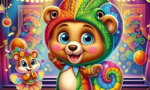 Ein junger Teddybär mit weichem braunem Fell und strahlenden Augen trägt ein buntes Chamäleonkostüm, das im Licht des Karnevals funkelt. Er tanzt auf der Bühne mit einem breiten Lächeln, während Glitzer um ihn herumwirbelt. Neben ihm applaudiert ein freches kleines Eichhörnchen mit rotem Fell und schelmischen Augen enthusiastisch, die kleinen Pfoten in die Luft gehoben. Es trägt ein Feenkostüm, verziert mit Blumen und Glitzer, und steht stolz neben dem Bären. Die Kulisse ist eine große Karnevalshalle, geschmückt mit bunten Girlanden, schwebenden Ballons und funkelnden Lichtern, die die Bühne erhellen. Die Wände sind mit festlichen Zeichnungen und Masken dekoriert, was eine fröhliche und magische Atmosphäre schafft. Die Hauptbühne zeigt den Teddybären, der das Publikum mit seinem bunten Tanz fesselt, während Kinder und Eltern applaudieren und lachen, was die Luft mit Freude und Aufregung erfüllt.
