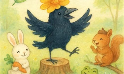 A glossy black crow with bluish sheen feathers joyfully dancing on a small stump wearing a yellow-orange flower as a hat while a smiling veined green leaf flutters above to the left, a red squirrel with fluffy fur laughing and clapping on a low right-hand branch holding an acorn-cap hat, a chubby-cheeked green frog on a lily pad at a small pond splashing in applause, and a white long-eared rabbit sitting on the grass in front of the stump offering a carrot and the flower; the scene is a soft spring clearing with muted green grass, colorful wildflowers, a pale blue reflective pond, slender trees and a bright pastel sky, warm and playful.