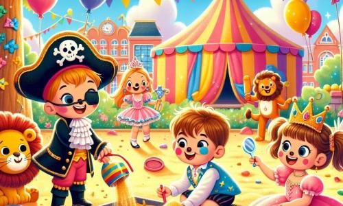 Ein 2-jähriger Junge, Max, lächelt fröhlich in einem Piratenkostüm mit einem großen schwarzen Hut und einem Plastikpiratenschwert. Seine Augen strahlen vor Aufregung, während er im Sand nach einem Schatz sucht. Neben ihm steht ein 3-jähriges Mädchen, Anna, verkleidet als Prinzessin in einem glitzernden rosa Kleid mit einer goldenen Krone, sie hält einen kleinen Spiegel und schaut Max mit einem Lächeln an. Ein 4-jähriger Junge, Tom, ist als Löwe verkleidet mit einer großen Plüschmähne und bemaltem Gesicht, er hockt begeistert im Sand und gräbt. Ein 3-jähriges Mädchen, Mia, als bunter Clown mit einer roten Nase und Ballons, steht neben ihnen und lacht, während sie auf den Sand zeigt. Der Ort ist ein sonniger Schulhof, geschmückt mit bunten Dekorationen, schwebenden Ballons und glitzernden Girlanden. Im Hintergrund spendet ein großer Baum Schatten, und Kinder spielen fröhlich um ein großes Zelt. Die Hauptsituation zeigt Max und seine Freunde bei der Schatzsuche, ihre Gesichter leuchten vor Aufregung, während sie mit Plastiksäulen im Sand graben und eine geheimnisvolle, bunte Kiste entdecken, die in der Sonne funkelt.