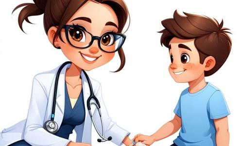 În centrul imaginii, Dr. Ana, o femeie de aproximativ 30 de ani, zâmbitoare și călduroasă, poartă un halat alb impecabil. Părul ei brun este prins într-o coadă de cal, iar ochelarii rotunzi îi dau un aer inteligent. Ea bandajează piciorul unui bărbat, arătând o expresie de concentrare și bunătate. În stânga, un băiat pe nume Andrei, de 8 ani, cu părul blond ciufulit și un tricou roșu, observă cu ochii mari, ținând un stetoscop din plastic în mâinile mici. În dreapta, o asistentă, o tânără de aproximativ 25 de ani, cu părul șaten și un zâmbet încurajator, aduce materiale medicale, precum bandaje și medicamente. Scena se desfășoară într-o clinică luminoasă și colorată, cu pereți vopsiți în albastru deschis și afișe educaționale despre sănătate. Jucării sunt împrăștiate într-un colț, iar o fereastră mare lasă să intre lumina soarelui, creând o atmosferă primitoare și veselă. Situația principală arată Dr. Ana îngrijind un bărbat care s-a rănit la picior, în timp ce Andrei și asistenta o observă, fascinați de munca medicului și învățând importanța îngrijirii celorlalți.