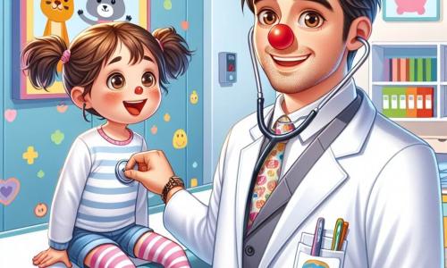 A smiling man, Dr. Leo, is a doctor in his thirties with brown hair and round glasses. He wears a spotless white coat and has a stethoscope around his neck, his face expressing determination and kindness. Next to him, a six-year-old girl, Mia, has curly hair in two pigtails and a red nose from a cold. She is sitting on an examination table, swinging her legs and looking at Dr. Leo with curiosity. In the background, there is a bright and colorful consultation room, decorated with walls painted with smiling animals and health posters. The main scene shows Dr. Leo listening to Mia's heart with his stethoscope while she asks him questions about her runny nose, creating a warm and reassuring atmosphere.
