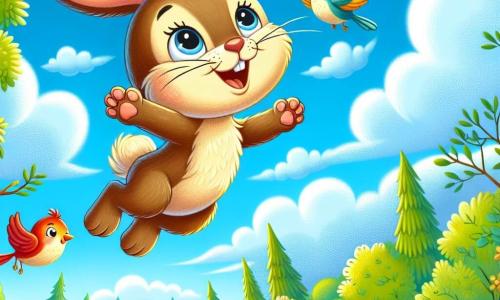 Ein kleiner Hase namens Felix, mit weichem braunem Fell, großen aufrechten Ohren und funkelnden Augen vor Freude, fliegt am blauen Himmel mit ausgebreiteten Flügeln und einem breiten Lächeln im Gesicht. In der Nähe beobachten bunte Vögel mit roten und gelben Federn ihn bewundernd, während sie auf den Ästen eines Baumes sitzen. Die Szenerie ist ein wunderschöner, grüner Wald, gefüllt mit leuchtenden bunten Blumen, unter einem sonnigen Himmel, der mit fluffigen weißen Wolken übersät ist. Felix, beeindruckt von seiner Fähigkeit zu fliegen, macht Pirouetten in der Luft, während die Vögel singen und seine unglaubliche Abenteuerreise applaudieren.