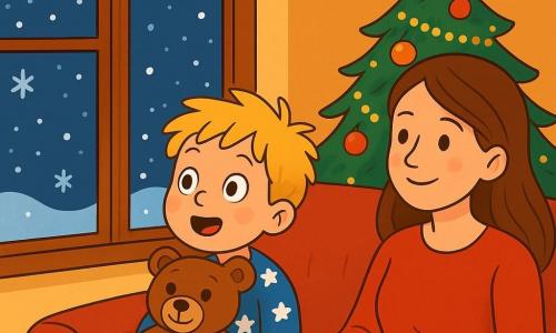 Een vierjarig jongetje, Joris, met rommelig blond haar en roze wangen, kijkt met grote, verwonderde ogen uit het raam. Hij draagt een blauwe pyjama met witte sterren en houdt een bruine knuffelbeer genaamd Beer in zijn armen, die een zachte glimlach en glanzende ogen heeft. Naast hem, op de zachte bank, zit zijn moeder, een vrouw van rond de dertig, met lang bruin haar en een warme rode trui. Ze glimlacht teder naar Joris terwijl ze een bord met versierde kerstkoekjes vasthoudt. De scène speelt zich af in een warme woonkamer, versierd met een grote, schitterende kerstboom vol gouden slingers en gekleurde ballen. Buiten vallen zachte sneeuwvlokken, wat een feeëriek landschap creëert. Joris, vol opwinding, drukt zijn gezicht tegen het raam, verwonderd door de magie van Kerstmis om hem heen, terwijl Beer lijkt te delen in zijn betovering.