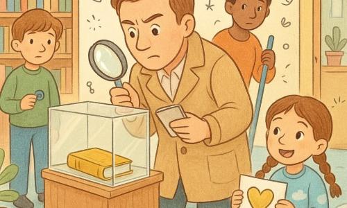 Een mannelijke detective van rond de veertig, kort kastanjebruin haar en beige licht gekreukte mantel, met notitieboekje en vergrootglas bij een glazen vitrine; hij buigt zich voorover en is geconcentreerd. Fatima, ca. 35, donkere huid en kort kapsel, staat bij de dienstdeur met een blauwe dweil en kijkt verlegen naar de vitrine. Joris, ca. 16, in een groen trui, staat links terughoudend en houdt een kleine blauwe sleutel. Mila, ca. 7, met twee vlechtjes en een trui met wolken, zit op het wolkentapijt en houdt een tekening met een gouden hart. In een warme kinderbibliotheek met lage houten planken, wolkentapijt, knutseltafels en planten bij een grote raam; de vitrine is open: de detective heeft het gouden boek ontdekt in een klein rollend kastje, er liggen stukjes zilveren lint en een stofveeg op het tapijt. Sfeervolle, zachte onderzoekssetting in warme pasteltinten met ronde lijnen, potloodtexturen en kleine doodles (loupes, sterren, voetafdrukken) rondom de personages.
