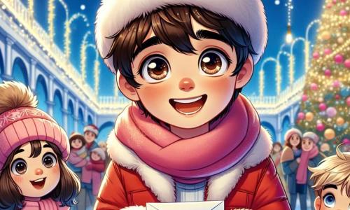 Un ragazzo di 9 anni, di nome Marco, si trova al centro dell'immagine, con capelli castani e occhi pieni di curiosità. Indossa un cappotto rosso vivo e un berretto di lana, mostrando un ampio sorriso di eccitazione mentre tiene in mano una lettera indirizzata a Babbo Natale. Accanto a lui, la sua migliore amica Giulia, una ragazza di 10 anni con capelli biondi e occhi blu, guarda suo padre che è appena apparso, il suo volto radioso di gioia e meraviglia. Indossa una sciarpa rosa e un piumino bianco. Sullo sfondo, un magnifico parco invernale è decorato con luci scintillanti e un grande albero di Natale illuminato, con fiocchi di neve che cadono dolcemente dal cielo. Le famiglie si divertono intorno, creando un'atmosfera festosa e calorosa. La scena principale mostra Marco e Giulia, circondati dalla magia del Natale, mentre hanno fatto apparire il padre di Giulia grazie a un atto di generosità. I volti dei bambini esprimono meraviglia e gioia, catturando lo spirito del Natale.