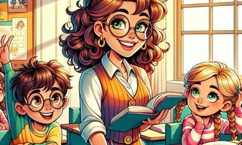 Un'insegnante sorridente, di circa trent'anni, con capelli castani e ricci, indossa un camice colorato e occhiali tondi. È piena di energia e entusiasmo, tiene un libro aperto in mano, circondata dai suoi alunni affascinati. Un ragazzo di 8 anni, con occhiali e capelli biondi arruffati, alza la mano con un grande sorriso, pronto a rispondere a una domanda. Accanto a lui, una ragazza di 9 anni, con capelli castani intrecciati, guarda attentamente, gli occhi brillanti di eccitazione, tenendo una matita in mano. La scena si svolge in un'aula luminosa, con pareti dipinte di giallo chiaro, manifesti colorati appesi e una grande finestra che lascia entrare la luce del sole. I banchi in legno sono disposti in cerchio e al centro c'è una grande scatola di pastelli multicolori, pronta per essere utilizzata. L'insegnante racconta una storia avvincente, mentre i bambini, seduti in cerchio, ascoltano attentamente, i loro volti illuminati dallo stupore e dalla curiosità.