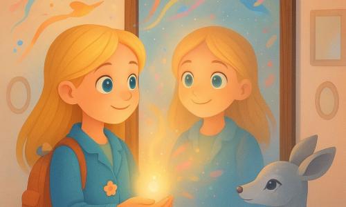 O fetiță de 8 ani, uimită și încrezătoare, cu păr blond, ține la piept un măr de lumină ce pulsează, stând în fața unei oglinzi mari cu ramă din lemn închis care pare să-i zâmbească; Gogu, melcușorul cu șapcuță, atârnă de rucsac privind spre oglindă, iar Sarea, cerbița argintie cu ochi înstelat, o păzește de la intrarea camerei. Păsări-pictor colorate zboară în vârtej lăsând panglici de vopsea pastelată și stropi roz, albaștri și aurii; locul e o casă mică pe o insulă de nori, cu pereți acoperiți de oglinzi de dimensiuni diferite, podea din lemn deschis și lumină difuză ca zahăr filat. Momentul principal: descoperirea „oglinzii care zâmbește”, care nu redă doar reflexia fetei, ci viziuni luminoase ale posibilităților cu confetti și tușe de vopsea plutitoare.
