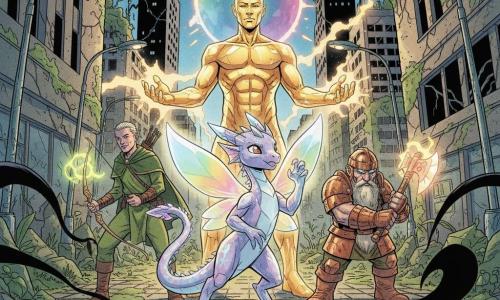 Luma, uma pequena draco de cristal iridescente com asas translúcidas e rosto curioso, exala um brilho arc‑íris enquanto ergue as patas em gesto protector; atrás dela, um guardião de luz humanoide de cristais dourados, de rosto sereno, mantém as mãos abertas emitindo aura cálida; ao redor, em semicírculo, aliados prontos para lutar — uma elfa alta de vestido verde com um arco luminoso à esquerda e dois anões robustos em armaduras de cobre brandindo machados à direita; cenário: praça urbana em ruínas com arranha‑céus apagados, pedras rachadas, postes tortos, vinhas e musgos luminescentes e, ao centro, um portal circular flutuante pulsando cores; situação: uma onda de luz de Luma e seus aliados afasta sombras negras sinuosas, composição dinâmica com contrastes entre cores vivas e áreas escuras, texturas cristalinas e reflexos brilhantes.