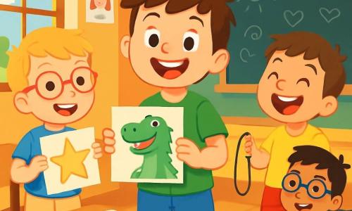 Hay 4 niños: Martín, un niño de 6 años con cabello castaño despeinado y una gran sonrisa, lleva una camiseta verde y un pantalón corto azul, está de pie en el centro sosteniendo una caja de lápices de colores. Leo, un niño de 6 años con gafas rojas y cabello rubio, viste una camiseta azul y pantalones beige, está a la izquierda de Martín mostrando una estrella dibujada en su hoja. Tomás, un niño de 6 años con cabello castaño y una gran sonrisa, lleva una camiseta amarilla y un pantalón corto rojo, está a la derecha de Martín riendo y sosteniendo una cuerda para saltar. Hugo, un niño de 6 años con cabello negro y gafas, está sentado en una silla de ruedas, viste una camiseta naranja y pantalones grises, ligeramente atrás, sonriendo y sosteniendo un libro de historias. La escena tiene lugar en un aula luminosa con paredes coloridas decoradas con dibujos de niños, una gran ventana que deja entrar la luz del sol, mesas de madera con lápices y hojas esparcidas, y una pizarra negra llena de palabras y dibujos. Los niños comparten sus dibujos sobre emociones; Martín muestra su dibujo de un dinosaurio sonriente, mientras Leo, Tomás y Hugo intercambian ideas y ríen juntos, creando una atmósfera alegre y amistosa.
