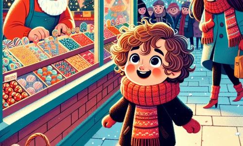 Un niño pequeño de 3 años, llamado Mateo, con cabello castaño y rizado, lleva una bufanda roja de lana y guantes a juego. Tiene grandes ojos asombrados y una sonrisa alegre, mientras se encuentra cerca de un colorido puesto de dulces, con los brazos levantados en señal de emoción. A su lado, su mamá, una mujer de unos 30 años con cabello largo y castaño, lleva un abrigo azul y un gorro de lana. Su expresión es de preocupación mezclada con alivio, acercándose rápidamente a su hijo. Al fondo, un vendedor de juguetes, un hombre mayor con una gran barba blanca y una sonrisa cálida, está cerca de un puesto lleno de juguetes de madera coloridos, observando la escena con benevolencia. El lugar es un mercado navideño animado, decorado con luces brillantes y guirnaldas, con árboles de Navidad adornados con bolas brillantes y puestos que ofrecen delicias y decoraciones festivas. La situación principal muestra a Mateo, un poco perdido pero lleno de asombro, esperando a su mamá cerca del puesto de dulces, mientras ella lo busca con expresión de preocupación, creando una atmósfera cálida y festiva, llena de magia navideña.