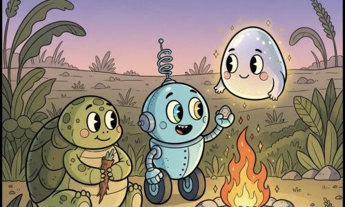 Rizo, un pequeño robot con ruedas y chasis redondo de metal pulido azul cielo, antena en espiral brillante y grandes ojos circulares cambiantes, está sentado junto a una hoguera y extiende su mano metálica hacia una pequeña piedra luminosa. Luna, una piedra flotante luminosa de superficie nacarada plateada que emite chispas doradas, flota a la derecha de Rizo y sonríe suavemente iluminando la escena. Nimi, una criatura prehistórica amistosa de caparazón redondeado y textura terrosa y verdosa, ojos curiosos, está a la izquierda del fuego mirando a Rizo y sostiene una raíz cocida. El lugar es una amplia pradera prehistórica al crepúsculo con hierbas altas que se mecen, grandes plantas de hojas anchas, cielo violeta con estrellas nacientes, un círculo de piedras calientes y pequeños cristales brillantes alrededor del fuego. Escena centrada, calma y cálida, tonos anaranjados, violetas y verdes suaves, texturas visibles y estilo cartoon retro “rubber hose” con líneas fluidas y proporciones redondeadas.