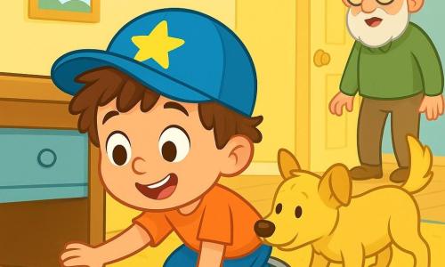 A 4-year-old boy named Sammy, with messy brown hair and a big curious smile, is wearing a blue hat with a shiny star. He is crouched down, eyes sparkling with excitement, searching under a piece of furniture. Next to him, Poppy, a small golden-haired dog, is wagging her tail joyfully, ears perked up, sniffing a corner of the room. In the background, a tall elderly man, Sammy's grandfather, with round glasses and a white beard, stands by the door, looking surprised and observing the scene with a warm smile. The room is bright and welcoming, with pastel yellow walls, toys scattered on the floor, and a large fluffy rug. Sammy and Poppy are on a quest to find the lost blue hat, surrounded by colorful toys and mysterious clues, creating an atmosphere of adventure and curiosity.