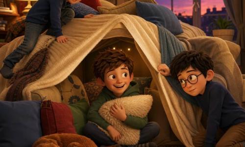 Ci sono 3 bambini: Marco, circa 9 anni, capelli castani spettinati, sorridente, seduto al centro sotto la coperta più grande con un cuscino morbido contro il petto; Luca, circa 9 anni, capelli biondi corti, energico, a sinistra di Marco in equilibrio sullo schienale del divano; Giovanni, circa 10 anni, capelli neri e occhiali tondi, riflessivo, a destra di Marco inginocchiato mentre solleva una coperta per mostrare un passaggio segreto. Luogo: un salotto accogliente con un grande divano crema, tappeto spesso color senape, luce gialla soffusa, pile di coperte dalle trame visibili (lana, cotone, pile) e cuscini colorati; alla finestra un cielo crepuscolare rosa e viola e il cane Briciola, piccolo e rossiccio, accoccolato vicino ai piedi dei bambini. Situazione: i tre amici costruiscono una fortezza di coperte e cuscini al centro del salotto; atmosfera intima e calda, tessuti e pieghe visibili, espressioni gioiose e complici, miscela di avventura e sonno imminente.