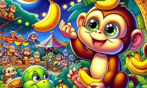 A young monkey named Milo, with big sparkling eyes and a mischievous smile, is perched on a tree branch surrounded by shiny bananas. He is joyfully juggling several bananas, his large expressive ears swaying with each movement. Next to him, Tilly the turtle, with her green shell and gentle eyes, watches in admiration, a slight smile on her face, sitting on a rock. In the background, the Banana Grove zoo is illuminated by moonlight, featuring colorful enclosures, leafy trees, and garlands of leaves floating in the air. The scene shows Milo preparing for the start of the night games, with animals gathered around him, laughing and applauding, creating a festive and joyful atmosphere.