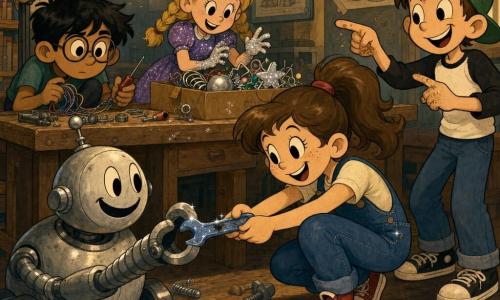 A happy, focused 10-year-old girl with a round freckled face and brown ponytail, wearing blue overalls and red sneakers, crouches and removes a small shiny blue wrench from the mechanical claw of a small smiling round robot; to the right, about 11-year-old Sammy, grinning and slightly mischievous in a green cap with crumbs on his fingers, points at her as if confessing a prank; behind a table on the left, serious 10-year-old Raj with tousled black hair and round glasses crouches holding wires and a screwdriver; nearby, cheerful 9-year-old Zoe with braided blonde hair and a sparkly dress stands by a box of props with silver glitter on her hands; a school robotics workshop with a large wooden table strewn with tools, open boxes and gleaming metal parts, robot posters on the wall and warm light from an adjustable lamp; the team discovers the blue wrench stuck in the robot's claw, with a greasy fingerprint on the handle and silver glitter on the key, creating a playful, curious atmosphere.