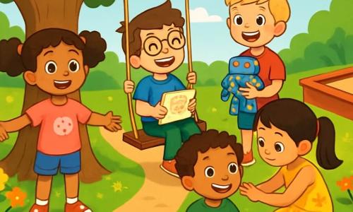 There are 5 children: - Lily: an 8-year-old girl with curly brown hair in pigtails. She wears a pink t-shirt with a cat design and denim shorts. She is smiling and standing with her arms open near a large oak tree. - Ben: a 9-year-old boy with brown hair and round glasses. He wears a blue t-shirt and green pants. He is sitting on a swing, laughing, with a sketchbook in his hands. - Maya: an 8-year-old girl with smooth black hair in a ponytail. She wears a yellow floral dress and sandals. She is crouching, putting stickers on Sam's arm. - Ethan: an 8-year-old boy with messy blonde hair. He wears a red t-shirt and blue shorts. He is standing, holding a plastic robot, with a big smile on his face. - Sam: a 9-year-old boy with curly hair and fair skin. He wears a green t-shirt and green sneakers. He is sitting on the ground, surrounded by dragon drawings, with a happy and curious look. The scene takes place in a sunny park, with a large oak tree in the center, colorful swings, and a sandbox. Multicolored flowers line the path, and children play joyfully around. The sky is blue with a few white clouds, and the grass is bright green. The main situation shows the children celebrating 