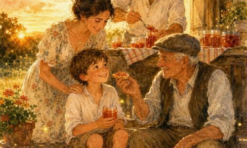 An 8-year-old boy with a round face, freckles and messy brown hair, smiling and holding a small orange-red jam jar while sitting on a wooden porch step; his mother (≈35) with brown hair in a bun and a floral dress leans toward him smiling with a hand on his right shoulder; his father (≈37), broad and with sleeves rolled up, stands behind a wooden table spooning jam into a jar; the grandfather (≈68) with wrinkled skin and a soft cap sits beside the boy, spreading jam on toast with a tender look; a weathered wooden veranda at dusk, a rustic table with lined jam jars, striped tea towels and glass jars reflecting golden light, green grass and fireflies in the background; a warm, calm summer twilight family moment tasting homemade jam, in orange, yellow and green tones with soft watercolor washes and controlled splatters suggesting light and sweetness.
