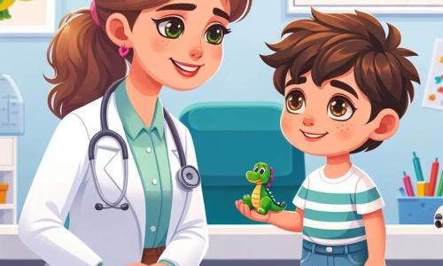 In a bright and welcoming clinic, Dr. Stella, a female doctor, is depicted with a warm smile. She has her brown hair tied back in a neat ponytail and wears a white coat with pink sneakers. Her eyes shine with empathy as she crouches down to listen to a young patient. Next to her is Leo, an 8-year-old boy with curly hair and sparkling eyes of curiosity. He holds a small plastic dinosaur in his hand, looking at Dr. Stella with admiration. His mother, a woman in her thirties with a gentle smile and brown hair, stands behind him with her arms crossed, showing a look of relief and confidence. The scene takes place in an examination room decorated with colorful dinosaur posters and health tips. A stethoscope rests on the table, and toys are scattered around, creating a friendly and reassuring atmosphere. Dr. Stella enthusiastically explains to Leo how to listen to his heart with a stethoscope, while Leo leans forward, eager to discover the sound of his own heartbeat.