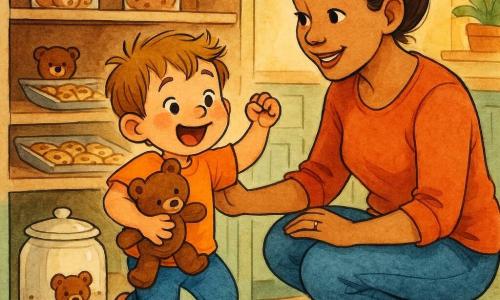 Niño de 4 años de rostro redondo y cabello castaño claro despeinado, ojos brillantes y expresión maravillada y orgullosa; abraza un pequeño osito de peluche marrón, mejillas sonrosadas y saltando de alegría. Madre de unos 30 años, cabello castaño recogido en moño, sonrisa tierna, agachada junto al niño con la mano en su hombro, mirando la escondida con benevolencia. Cocina cálida y colorida: azulejos claros, muebles de madera pintados en verde pastel, estantería abierta con un bote de galletas de cerámica crema y migas visibles. El niño descubre el osito detrás del bote, luz suave de la tarde entra por la ventana, pequeñas sombras, ambiente doméstico seguro y alegre. Estilo: trazos de tinta nítidos, acuarela cálida, texturas de tela en el peluche y reflejos ligeros en la cerámica.