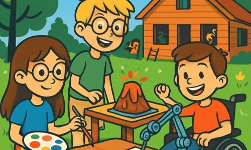Er zijn 3 personages: - Tessa: een 10-jarig meisje met lang bruin haar en ronde brillen. Ze draagt een blauwe t-shirt en een kleurrijke rok. Ze zit op een houten bank met een palet en een penseel, klaar om haar meesterwerk te creëren. - Sam: een 11-jarige jongen met messy blond haar en een bril. Hij draagt een groene t-shirt en een beige short. Hij staat naast een tafel en kijkt enthousiast naar een kleine wetenschappelijke proef met een uitbarstende vulkaan. - Lucas: een 10-jarige jongen in een rolstoel, met kastanjebruin haar en een grote glimlach. Hij draagt een rode t-shirt en jeans. Hij laat trots zijn robotarm zien die op papier tekent. De locatie is een levendig zomerkamp, omgeven door groene bomen en kleurrijke bloemen. Op de achtergrond is er een groot houten gebouw met open ramen en kinderen die spelen en lachen. De lucht is blauw met enkele witte wolken en de zon schijnt, wat een vrolijke en zomerse sfeer creëert. De belangrijkste situatie toont Tessa, Sam en Lucas die creatief bezig zijn, elk gefocust op hun project. Tessa schildert, Sam doet een wetenschappelijk experiment en Lucas gebruikt zijn robotarm om te tekenen, allemaal omringd door een sfeer van kameraadschap en enthousiasme.