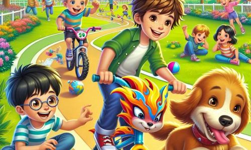 En un parque soleado, cuatro niños se preparan para una carrera divertida. Pedro, un niño de 10 años con cabello castaño alborotado y una gran sonrisa, está en el centro, sobre su bicicleta decorada con llamas coloridas, listo para partir. A su derecha, Lucas, un niño de 9 años con gafas redondas y cabello rubio, sostiene un plano en sus manos, mostrando una expresión concentrada. A la izquierda, Manu, un niño de 10 años con cabello negro y pecas, hace muecas mientras sostiene un globo colorido, listo para lanzarlo. Finalmente, Nico, un niño de 8 años con cabello castaño y ojos brillantes, está agachado cerca de Max, un perro alegre de pelaje dorado que ladra de emoción. El parque está lleno de vegetación, con majestuosos árboles, flores coloridas y una pista de carrera que serpentea por el paisaje. Niños ríen y juegan alrededor, mientras un grupo de espectadores se agrupa alrededor de la pista, ansiosos por ver la carrera. La escena principal muestra a Pedro lanzándose en su bicicleta, rodeado de globos coloridos que flotan a su alrededor, mientras sus amigos lo animan con entusiasmo. La atmósfera está llena de energía y alegría, capturando el espíritu de un desafío imposible transformado en una aventura inolvidable.