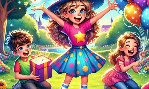 Una niña de 10 años, Clara, con cabello rizado y una gran sonrisa, se encuentra en el centro de la imagen, vistiendo una camiseta colorida y una falda de lunares. Está haciendo un gesto exagerado, como si lanzara un hechizo con un sombrero mágico decorado con estrellas. A su derecha, Lucas, un niño de 10 años con cabello castaño desordenado, se ríe a carcajadas, sosteniendo globos multicolores que flotan a su alrededor. A su izquierda, Ana, una niña de 9 años con cabello largo y liso, sostiene una caja misteriosa, con los ojos brillando de curiosidad, lista para revelar su contenido. Al fondo, el parque es verde, lleno de árboles majestuosos, flores coloridas y un cielo azul brillante, creando una atmósfera alegre y juguetona. La escena representa el momento en que Clara y sus amigos se preparan para presentar sus bromas, rodeados de risas y emoción, capturando el espíritu de amistad y diversión de su concurso de bromas.