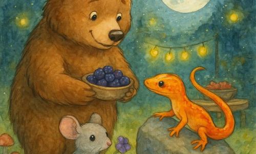 Un gran oso pardo, dulce y tímido, de pelaje espeso y ojos brillantes, sostiene un plato de moras violetas junto a una mesa rústica; a su lado, una pequeña salamandra naranja con reflejos rojos y amarillos posa la pata sobre el borde del plato, y en primer plano un ratoncillo gris con grandes orejas ofrece una flor arrugada. La escena nocturna a la luz de la luna muestra hierba verde, hongos, luciérnagas como guirnaldas, un puente de raíces y una atmósfera cálida y acuarelada mientras el oso comparte las moras con sus amigos del bosque.