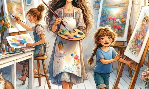 Mia, eine Künstlerin mit langen, lockigen Haaren, sitzt in ihrem Atelier vor einer großen weißen Leinwand. Sie hat ein strahlendes Lächeln im Gesicht und leuchtende Augen voller Inspiration, während sie einen bunten Pinsel in der Hand hält. Sie trägt eine mit Farbe bespritzte Schürze, und um sie herum sind Töpfe mit lebhaften Farben verstreut. Tim, ein 8-jähriger Junge mit zerzausten braunen Haaren, steht neben ihr und beobachtet sie fasziniert. Er trägt ein blaues T-Shirt und Shorts und hält einen kleinen Strauß bunter Blätter, die er im Garten gesammelt hat. Lea, ein 7-jähriges Mädchen mit geflochtenen blonden Haaren, hockt neben Tim. Sie lächelt fröhlich und hält ein kleines Skizzenbuch in der Hand, bereit, das zu zeichnen, was sie sieht. Sie trägt ein Blumenkleid, das um sie herum tanzt. Das Atelier ist hell und einladend, mit weißen Wänden und Fenstern, die Sonnenlicht hereinlassen. An den Wänden hängen Leinwände in verschiedenen Größen, die farbenfrohe Landschaften und Tiere darstellen. Pinsel und Paletten sind auf einem großen Holztisch verstreut. In dieser Szene schaffen Mia, Tim und Lea gemeinsam ein Kunstwerk, inspiriert von ihrem Spaziergang in der Natur, voller lebhafter Farben und Freude. Mia zeigt ihren jungen Freunden, wie man die Farben mischt, um ihre Ideen zum Leben zu erwecken.