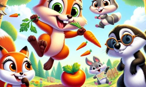 Timmy, ein kleiner Eichhörnchen mit funkelnden Augen und seidigem braunem Fell, springt vor Freude, sein breites Lächeln zeigt kleine weiße Zähne. Er hält eine Karotte in seinen Vorderpfoten, die Ohren aufgerichtet und voller Enthusiasmus. Neben ihm lacht Bella, ein Fuchs mit leuchtend rotem Fell, ihre schelmischen Augen strahlen vor Freude, während sie in einen saftigen Apfel beißt. Max, ein Maulwurf mit Sonnenbrille und schwarz-grauem Fell, schaut mit einem zufriedenen Lächeln zu und hält eine Tunnelkarte in seinen Pfoten. Lenny, ein großer Hase mit langen weißen Ohren, macht einen unbeholfenen Sprung, seine großen Hinterbeine in der Luft, mit einer Karotte im Gleichgewicht auf seinem Kopf, und zeigt einen amüsierten Gesichtsausdruck. Die Szene spielt sich auf einer sonnigen Lichtung im Wald ab, umgeben von majestätischen Bäumen mit leuchtend grünen Blättern und bunten Blumen, die den Boden bedecken. In der Mitte vibriert eine gebastelte Maschine aus Ästen und alten Gegenständen und macht fröhliche Geräusche, während Karotten durch die Luft fliegen. Die Freunde testen ihre lustige Erfindung und lachen gemeinsam in einer Atmosphäre von Kameradschaft und Kreativität.