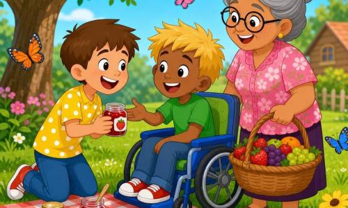Hay tres personajes: Pablo (niño de 7 años, pelo castaño corto, camisa amarilla con lunares blancos, sostiene un tarro de mermelada roja, a la izquierda inclinándose hacia Lucas), Lucas (niño de 8 años, pelo rubio despeinado, en silla de ruedas azul con cojín verde, camiseta verde, en el centro extendiendo la mano hacia el tarro) y la abuela Carmen (unos 60 años, pelo gris recogido, blusa floreada rosa, gafas redondas, de pie a la derecha con un cesto de frutas). Escena: picnic soleado en un parque con césped verde, árbol de tronco marrón y hojas verdes, mantel a cuadros rojo y blanco, flores y mariposas, casa de madera difuminada al fondo; comparten mermelada de fresa (tarro brillante, cuchara de madera y pequeñas tostadas), ambiente alegre y colorido, estilo dibujo animado 2D sencillo y contornos nítidos.