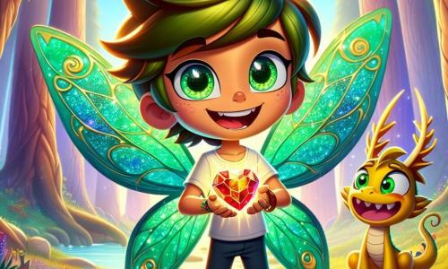 Lucio, un joven duende con alas de mariposa brillantes como esmeraldas, se encuentra en el centro de la escena, su rostro radiante de determinación y alegría. Tiene grandes ojos chispeantes y cabello dorado que flota suavemente en el viento, mientras sostiene el Corazón de la Alegría, una gema colorida que emite una luz deslumbrante. A su lado está Skippy, un dragón amigable con escamas doradas y ojos traviesos, que sonríe ampliamente mostrando sus dientes blancos. El paisaje es un hermoso claro del Bosque Brillante, rodeado de árboles majestuosos con hojas doradas y flores de colores vivos, mientras un suave rayo de sol atraviesa las ramas, iluminando la escena con una luz cálida y mágica. Lucio levanta la gema por encima de su cabeza, listo para devolver la alegría al bosque, mientras destellos de luz bailan a su alrededor, simbolizando el regreso de la magia y la alegría al Bosque Brillante.