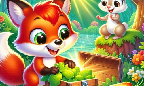 Un pequeño zorro de pelaje rojo brillante, con grandes ojos brillantes de curiosidad y una cola esponjosa, está cavando con entusiasmo en un montón de hojas verdes, descubriendo una caja de madera escondida. Junto a él, una pequeña ardillita de pelaje marrón claro, con ojos chispeantes de emoción, salta de alegría levantando las patas delanteras, lista para ayudarlo en esta aventura. Un pequeño conejo de grandes orejas blancas, sentado sobre una zanahoria, los observa con una sonrisa divertida, sus ojos redondos llenos de asombro. La escena se desarrolla en un jardín encantado, lleno de flores coloridas, grandes árboles de hojas verdes y un pequeño estanque brillante a lo lejos, donde el sol brilla y crea reflejos dorados en el agua. Los dos amigos descubren juntos un tesoro escondido bajo las hojas, con el corazón latiendo de emoción y amistad, listos para compartir su descubrimiento con todos los habitantes del jardín.