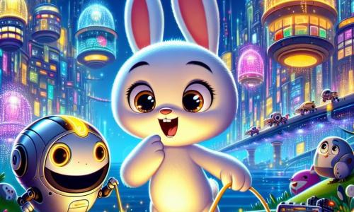Ein kleiner Hase namens Felix mit strahlend weißem Fell und großen neugierigen Augen steht im Mittelpunkt der Szene und zeigt einen Ausdruck von Staunen und Entschlossenheit. Er untersucht ein funkelndes Elektrokabel, bereit, ein Problem in der Stadt zu lösen. An seiner Seite ermutigt ihn ein kleiner runder Roboter namens Robo mit blinkenden Lichtern und einem freundlichen Lächeln enthusiastisch, seine mechanischen Arme erhoben als Zeichen der Unterstützung. Der Hintergrund zeigt eine futuristische Stadt, Glitzerstadt, mit glitzernden Glasgebäuden, umgeben von bunten Hängergärten und fliegenden Fahrzeugen, die die Luft durchqueren. Bunte Lichter erhellen die Straßen und schaffen eine magische, dynamische Atmosphäre. Die Hauptsituation zeigt Felix und Robo, die zusammen an einem kurz vor der Überhitzung stehenden Generator arbeiten, während Roboter und Drohnen um sie herum wuseln und eine Atmosphäre von Dringlichkeit und Kameradschaft erzeugen.