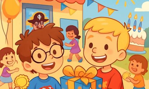 Ci sono 2 personaggi principali: Nico, un ragazzo di 8 anni con capelli castani disordinati, occhiali rotondi e una maglietta blu con un disegno di supereroe, che sorride felicemente tenendo una medaglia di carta colorata nella mano destra; e Leo, un ragazzo di 8 anni con capelli biondi corti e un grande sorriso, che indossa una maglietta rossa con stelle e tiene un grosso pacco regalo pronto da dare a Nico. I due amici sono davanti a un piccolo cinema di quartiere con un manifesto colorato di un film di pirati. Il cinema è circondato da palloni festivi e ghirlande luminose, con un cielo azzurro e soleggiato. La scena principale mostra Nico e Leo che festeggiano il compleanno di Nico distribuendo medaglie di carta ad altri bambini che escono dal cinema, tutti sorridenti ed entusiasti, mentre si sente un'atmosfera festosa e si vede una grande torta di compleanno decorata con candele colorate sullo sfondo.