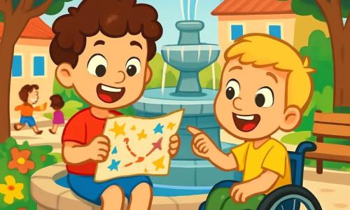 Ci sono 2 personaggi principali: Luca, un bambino di 5 anni con capelli castani e ricci, indossa una maglietta rossa e pantaloni blu, seduto sul bordo della fontana con una mappa del tesoro in mano e un grande sorriso; Matteo, un bambino di 5 anni con capelli biondi e un sorriso splendente, è seduto sulla sua sedia a rotelle, indossa una maglietta gialla e pantaloni verdi, guarda Luca con entusiasmo, indicando la mappa. La scena si svolge in una piazza di villaggio con una fontana di pietra al centro, circondata da fiori colorati e panchine di legno, alberi verdi offrono ombra e bambini giocano sullo sfondo, creando un'atmosfera gioiosa. Luca e Matteo scoprono una mappa del tesoro brillante, pronti a partire per un'avventura insieme, circondati dalla bellezza del loro quartiere soleggiato.