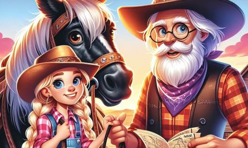 Rosie, una giovane cow-girl con i capelli biondi intrecciati, indossa un grande cappello da cowboy e una camicia a quadri rossa. Il suo viso esprime determinazione ed eccitazione mentre tiene saldamente le redini del suo cavallo, Spruzzo, un magnifico mustang nero dagli occhi vivaci. Accanto a lei c'è un vecchio saggio, un uomo anziano con una lunga barba bianca e occhiali rotondi, che tiene in mano una mappa di pelle, con un'aria seria e misteriosa. Si trovano entrambi ai margini di una prateria dorata, dove il sole tramonta, illuminando il cielo di tonalità arancioni e viola. La scena principale mostra Rosie pronta a partire per un'avventura, mentre guarda la mappa con curiosità, mentre Spruzzo annuisce, impaziente di scoprire il tesoro della Luna d'Argento.