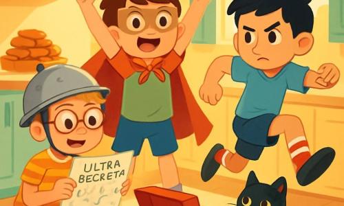 Hay 3 personajes: - Tomás: un niño de 6 años, con cabello castaño despeinado y ojos brillantes. Lleva una capa roja hecha de toalla y una pequeña máscara de cartón. Está en el centro, levantando los brazos al aire con una gran sonrisa. - Hugo: un niño de 8 años, con cabello rubio y gafas redondas. Lleva un casco de metal brillante y una camiseta a rayas. Está agachado a la izquierda, sosteniendo un 