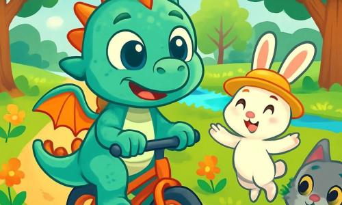 Un piccolo drago dalle squame verde acqua, con grandi occhi brillanti e un sorriso determinato, è seduto sulla sua piccola bicicletta colorata. Sembra sia nervoso che eccitato, pronto a pedalare. Accanto a lui, un adorabile coniglio bianco con grandi orecchie, di nome Tom, salta gioiosamente, con un sorriso incoraggiante sul viso e indossa un piccolo cappello di paglia. Non lontano, una gatta grigia dagli occhi scintillanti, Sara, applaude con entusiasmo, le zampe sollevate, piena di incoraggiamento. La scena si svolge in un parco soleggiato, con alberi dalle foglie verdi vibranti, fiori colorati che danzano al vento e un sentiero di terra che si snoda verso un grazioso ruscello scintillante in lontananza. Il drago, circondato dai suoi amici, è pronto a iniziare la sua avventura in bicicletta, pronto a superare la sua paura e scoprire la gioia di pedalare.