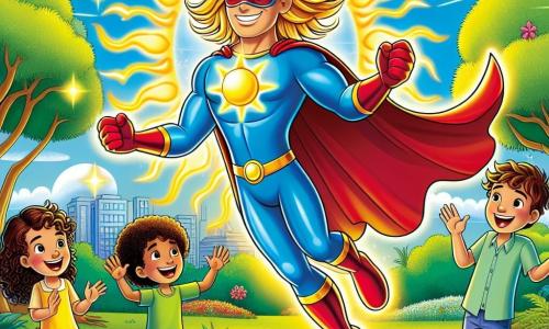 Um super-herói masculino chamado Luminário, com cabelos dourados brilhantes como o sol, usa uma capa azul flutuante e uma máscara vermelha. Ele sorri amplamente, demonstrando sua determinação em salvar a cidade. Luminário está voando no ar, cercado por pequenas luzes cintilantes que dançam ao seu redor. Ao seu lado, um grupo de crianças, com idades entre 8 e 10 anos, está no parque. Uma menina de cabelos castanhos e cacheados, vestindo um vestido amarelo, levanta os braços rindo de alegria. Um menino de cabelos loiros, usando uma camiseta verde, aplaude com entusiasmo. Todos estão maravilhados com a magia de Luminário. O local é um parque verdejante, com árvores majestosas, flores coloridas começando a florescer e um céu azul radiante. Raios de sol atravessam as folhas, iluminando a cena. A situação principal mostra Luminário, com seus amigos, usando seus poderes para trazer de volta a luz e a alegria à cidade, afastando assim a escuridão do vilão Escuro. As crianças dançam e riem, celebrando o retorno da luz.
