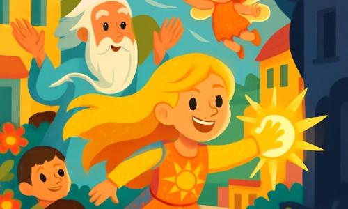 A heroína principal, Lúmina, é uma mulher de cabelos dourados brilhantes, iluminando seu rosto alegre e determinado. Ela usa um traje cintilante de cores vivas, com padrões de sol, e está espalhando sua luz radiante ao seu redor, com um grande sorriso nos lábios. Ao seu lado está o Vento Sábio, um homem idoso com uma longa barba branca e olhos sábios. Ele veste uma túnica flutuante que parece dançar com o vento, levantando os braços para dirigir as correntes de ar. Perto dali, Estrelita, uma menina de cabelos cacheados e asas cintilantes, voa alegremente ao redor deles, com os olhos brilhando de excitação. A cena se passa em uma cidade colorida, onde os edifícios são pintados em tons pastel, mas algumas áreas ainda estão sombreadas por sombras misteriosas. Flores de cores vivas bordejam as ruas, e crianças curiosas observam Lúmina com admiração. A situação principal mostra Lúmina liberando sua luz para afastar as sombras que envolvem a cidade, enquanto o Vento Sábio e Estrelita a encorajam, criando uma atmosfera de magia e esperança.
