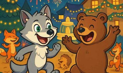 Un lup tânăr numit Luca, cu blană argintie și ochi verzi plini de curiozitate, dansează vesel în mijlocul unei petreceri de Anul Nou, un zâmbet mare iluminându-i fața. Lângă el, un urs brun numit Ursu, cu blană moale și ochi rotunzi plini de amuzament, face mișcări comice, râzând cu glas tare. În fundal, o scenă festivă se desfășoară: lumini strălucitoare decorează copacii, ghirlande colorate atârnă de feronerie, iar animale din pădure, precum vulpi și arici, dansează și se distrează în jurul unei fântâni iluminate. Noaptea este înstelată, iar artificiile explodează pe cer, proiectând culori vii care se reflectă pe fețele vesele ale participanților. Scena emană o atmosferă de fericire, prietenie și magie, capturând spiritul cald al sărbătorii de Anul Nou.
