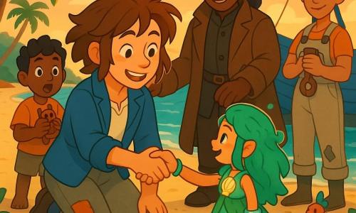 Mara, a young courageous woman with tousled brown hair, a blue sailor jacket and patched trousers, kneels on golden sand smiling warmly as she clasps the hand of the Shellfolk chief; the tiny chief, with seaweed-green hair, glass-bead bracelets and a dress of shells and glowing algae, smiles back. Finn, about nine, stands just behind Mara to the left clutching his wooden toy Pip with a look of wonder, ready to applaud. Captain Lina, around 40, in a brown captain's coat, stands slightly back to the right with a supportive hand on Mara's shoulder. Ada, about 30 with tied-up hair and canvas overalls, holds a small wooden pulley near the schooner's mast. Several tiny, colorful Shellfolk hold flowers and luminous fruit around them. The setting is a tropical beach with curved palms, small colorful isles in the background, turquoise waves and a blue wooden schooner moored at the shore; the scene captures a solemn, friendly handshake after shared aid at sunset, warm light, soft shadows, vivid cel-shaded colors and textured surfaces.