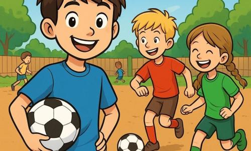 Un niño de 10 años, llamado Martín, se encuentra en el centro del campo de fútbol, con una gran sonrisa entusiasta en su rostro. Tiene el cabello castaño desordenado, lleva una camiseta azul y un pantalón corto negro, y sostiene un balón de fútbol bajo su brazo. A su lado, su amigo Lucas, también de 10 años, tiene el cabello rubio y lleva una camiseta roja. Está haciendo pases con otra amiga, Clara, una niña de 9 años con trenzas y una camiseta verde, que ríe alegremente mientras corre hacia el balón. El campo de fútbol es de tierra batida, rodeado de árboles verdes y una cerca de madera. El cielo es azul con algunas nubes blancas, y hay niños jugando al fondo, creando un ambiente alegre y dinámico. La escena principal muestra a Martín y sus amigos entrenando para el torneo de fútbol, con sonrisas en sus rostros, listos para dar lo mejor de sí.