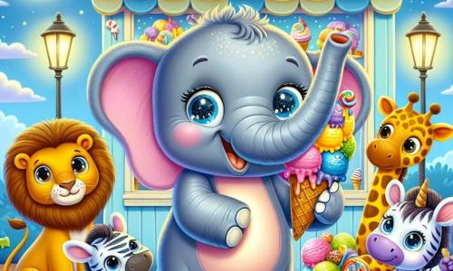 A joyful elephant named Ellie, with gray skin and large ears, stands in the center of the image, smiling with sparkling eyes while holding a large colorful ice cream cone in her trunk. Next to her, a lion named Leo with golden fur grins widely, with ice cream splatters on his snout, raising a paw to show his own cone. A little further away, a striped zebra named Zoe, with mischievous eyes, leans in to add candies to her cone, while a giraffe named Gina, with a long neck and brown spots, watches curiously with wide eyes. The scene takes place in front of a colorful ice cream shop, with pastel blue walls and bright signs, under a starry sky where the moon shines softly. The friends are creating their own ice cream flavor, filled with joy and excitement as they come together for a nighttime adventure full of laughter and treats.