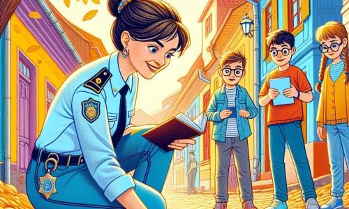 Polițista Ana Popescu, o femeie de aproximativ treize ani cu părul brun prins în coc, poartă o uniformă bleu deschis și un zâmbet larg pe față, arătându-și determinarea și bunăvoința. Ea este așezată în genunchi, examinând urmele de anvelope de pe sol, înconjurată de o aură de curiozitate și încredere. Aproape, trei copii sunt prezenți: Andrei, un băiat de 10 ani cu ochelari și părul șaten dezordonat, care arată cu degetul urmele de anvelope cu entuziasm; Maria, o fetiță de 9 ani cu părul blond împletit, care o privește pe Ana cu admirație, și Radu, un băiat de 10 ani cu un tricou roșu, care ține un carnet și ia notițe, vizibil încântat de anchetă. Scena se desfășoară pe o stradă pavata dintr-un cartier rezidențial, marginită de case colorate cu obloane deschise, cu copaci cu frunze aurii care cad ușor pe sol, creând o atmosferă caldă și primitoare. Situația principală o arată pe Ana și copii în plină anchetă, observând cu atenție indicii lăsate de o mașină misterioasă, discutând despre ce au văzut și ce trebuie să facă mai departe pentru a găsi pisicile dispărute din cartier.